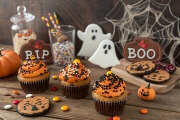 Festive halloween cupcakes with orange frosting and spooky decorations on a wooden table