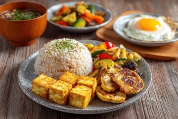 Vegetable rice with fried tofu sides