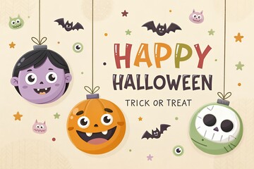 Cute halloween greeting card featuring hanging ornaments with monsters bats and text