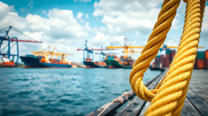 Obraz premium Close-Up Yellow Rope on Dock with Container Port and Cranes in Background, Maritime Logistics Concept