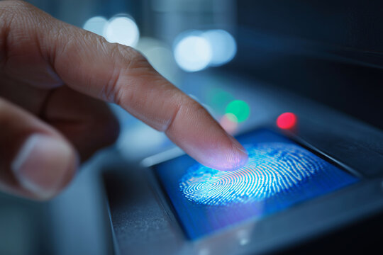 A person is touching a blue screen with a finger