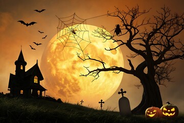 Spooky halloween night with a haunted house glowing pumpkins bats and a full moon overhead