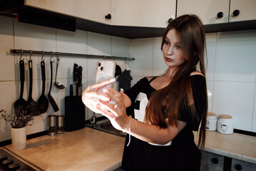 girl with long hair in the kitchen