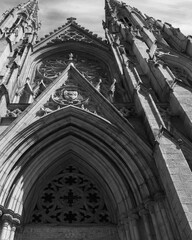 A black and white close-up of St. Patrick’s Cathedral in Midtown Manhattan