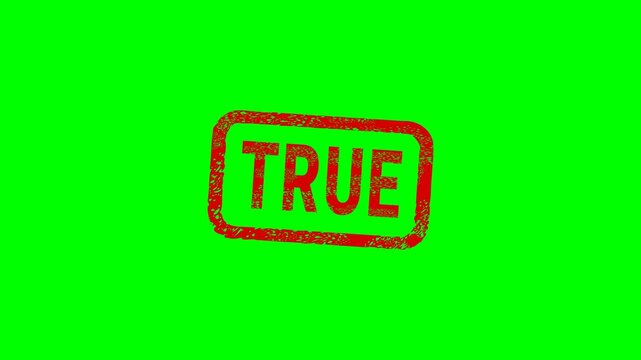 Appearance of a dirty red stamp mark "TRUE" surrounded by a rounded frame  from above on a green screen with alpha channel