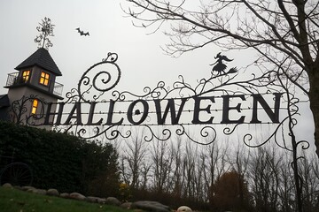 Spooky halloween sign with a witch and bat silhouette in front of a haunted house