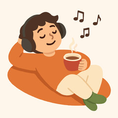 Relaxed person enjoying music with headphones and a warm drink. Ideal for relaxation, music therapy, and cozy vibes themes. High-quality illustration for leisure, wellness, and modern lifestyle conten