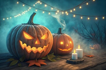 Two glowing carved halloween pumpkins with spooky faces sit on a wooden table under festive string lights