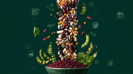 A cascading waterfall of colorful legumes pouring into a bowl, surrounded by floating nutritional icons