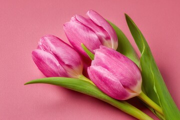 Fototapeta premium Vibrant pink tulips against a colorful backdrop zoomed in