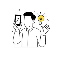 Business idea concept illustration. Man holding phone with growth arrow and light bulb. Mobile business analytics and startup strategy symbol.