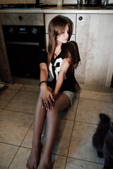 girl with long hair in the kitchen