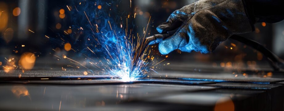 The skilled worker welding metal with bright sparks in industrial setting.