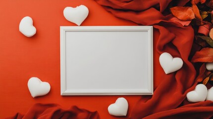 Decorative frame surrounded by white heart shapes on a red background