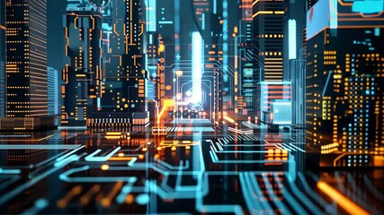 futuristic cityscape, sleek architecture, glowing neon lights, holographic displays, vibrant contrasts - Powered by Adobe