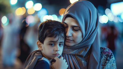 Muslim mother and son spending time together in the city at night. Warm family moment with urban lights and bokeh in the background. Concept of love, culture, and connection.