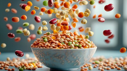 A cascading waterfall of colorful legumes pouring into a bowl, surrounded by floating nutritional icons
