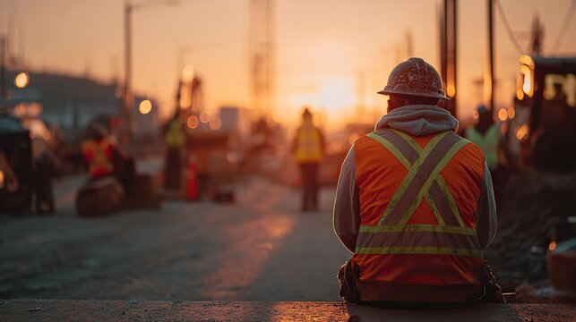 Construction worker in high-visibility gear resting at sunset on job site, captured from behind during golden hour, symbolizing hard work and end-of-day reflection