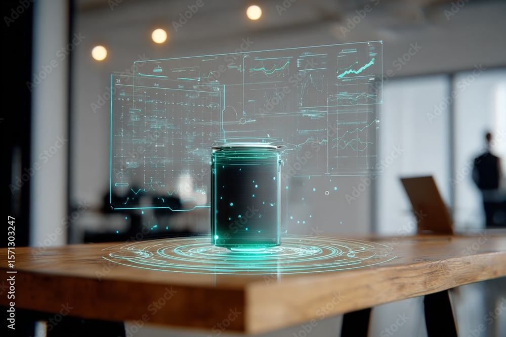 Leinwandbilder Futuristic holographic smart technology interface projection displaying data charts and information in a modern office setting