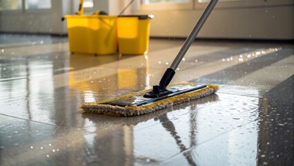 Bright sunlight illuminates a freshly mopped tiled floor, showcasing the wet surface and a flat mop in action, with two vibrant yellow buckets nearby, depicting a clean