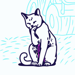 White Cat Grooming Itself Near Tractor, Farm Animal Illustration