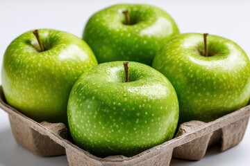 Six green apples on cardboard against a white backdrop Tasty apples in detail Macro view Harvest theme Nature s green