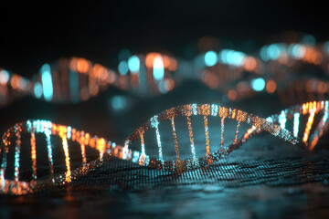Glowing DNA helix gene splice surface texture overlaid DNA bands blue and orange light biotechnology futuristic science molecular structure abstract background