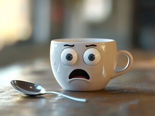 Brewed Anxiety: An Animated Coffee Mug Reacting with Fear and Emotion, cup of coffee