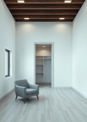 An empty white room with a wooden floor large window and blank white wall serves as a versatile studio or office space providing a clean canvas for interior product displays and branding design sho