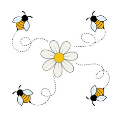 Bees Flying Around a Daisy Flower Vector Illustration. This charming vector illustration features four adorable bees buzzing playfully around a single daisy flower at the center.