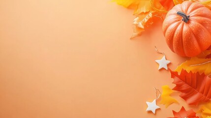 Colorful autumn decorations with a pumpkin and leaves for seasonal celebration