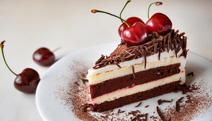 national cherry dessert day delicious slice of black forest cake with cherries and chocolate shavings on white plate