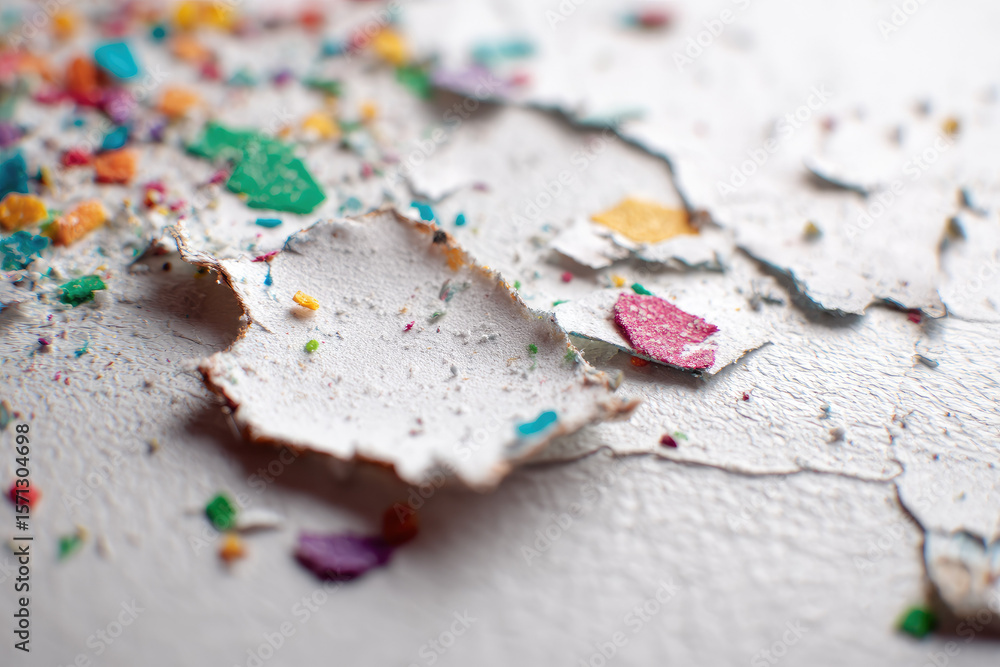 Poster colorful confetti fragments scattered on textured white surface, creating joyful and bright abstract