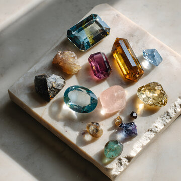 Assorted Raw and Polished Gemstones on Marble Slab with Natural Light
