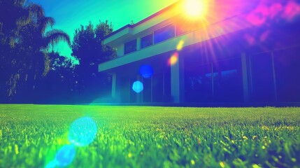 Modern house shines under bright sunlight with a lush green lawn