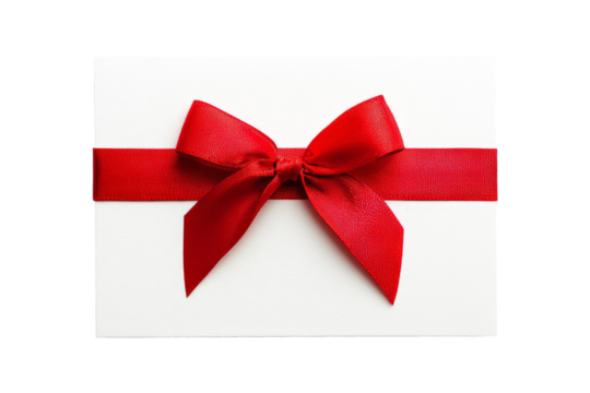 blank white gift card with red ribbon band isolated on white or transparent png