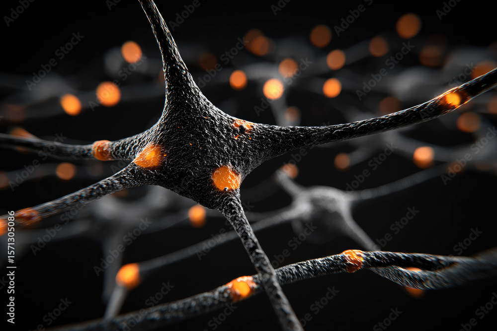 Aufkleber neural network structure with glowing orange synapses, black organic mesh texture, abstract science 