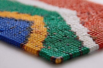 Zulu beadwork featuring the South African flag photographed against a white background