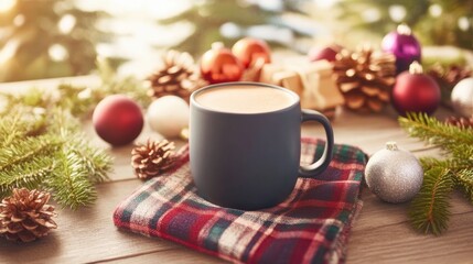 Warm beverage surrounded by holiday decorations on a cozy table setting