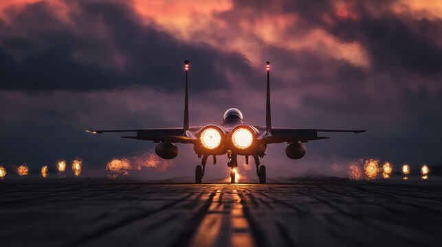 Modern Fighter Jet Taking Off from Runway at Dusk