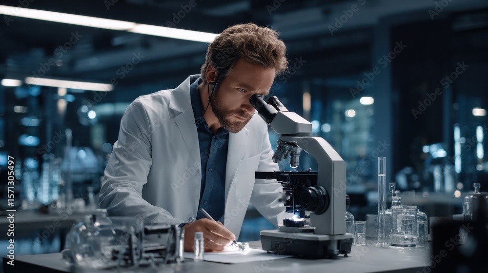 Poster Modern male scientist with beard research laboratory using microscope studying scientific samples in professional dark lab environment