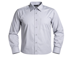 A pristine light grey long-sleeved dress shirt, meticulously displayed with a crisp collar and buttons.