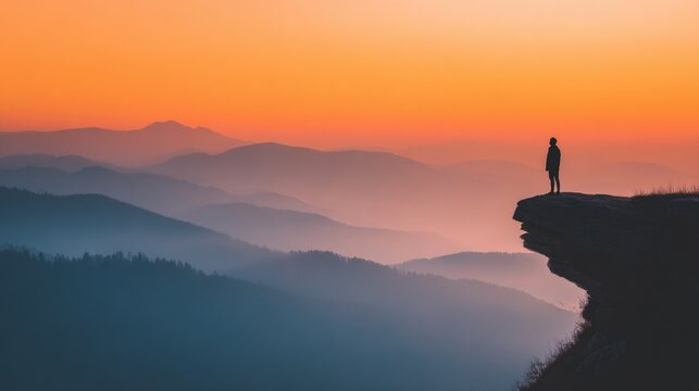 Silhouette at Daybreak: A solitary figure stands atop a sheer cliff at sunrise, overlooking a majestic landscape of rolling hills shrouded in mist, and imbued with a sense of awe and contemplation.