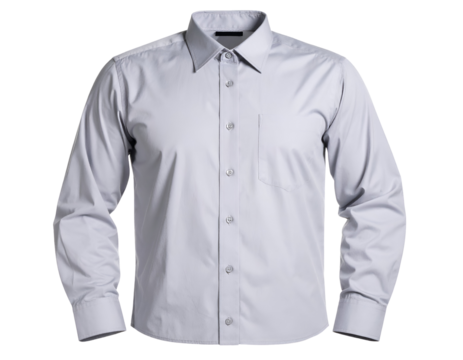 A pristine light grey long-sleeved dress shirt, meticulously displayed with a crisp collar and buttons.