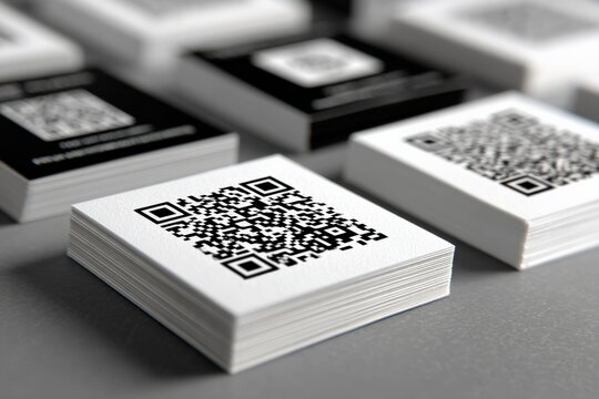 Close-up of modern printed QR code labels with black and white designs on stacked paper sheets, ready for packaging or product marking
