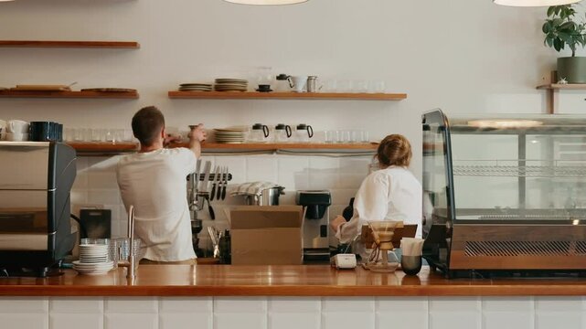 A male employee lifts a box and places the cups on a shelf while a female owner next to him places the glasses on the bar