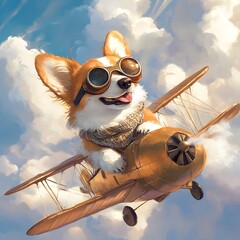 The Little Aviator: A Corgi Embracing the Skies with Goggles and Scarf in Style, airplane in the clouds