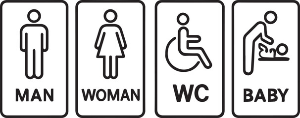 washroom signs. printable sticker of toilet symbol with man woman wc baby icons. restroom bathroom and change room sign. line art vector illustration. 