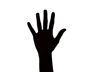 An open human hand extends with fingers spread, creating a striking silhouette.
