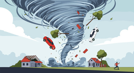 Massive destructive tornado swirling above a small town with cars and debris flying